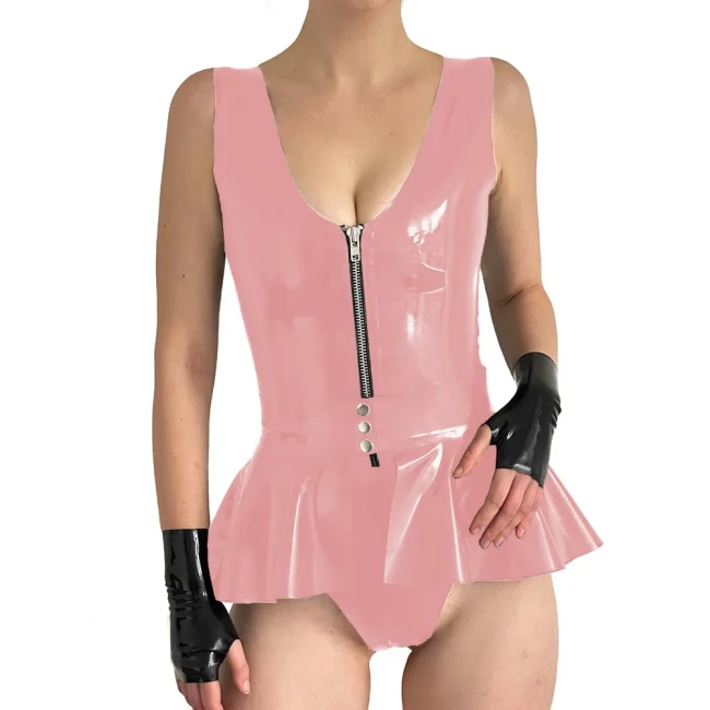 Women Sexy Wet Look Patent Leather Bodysuit Party Sleeveless PVC Rompers with Skirted Belt Sissy V-neck Zipper Playsuit Clubwear