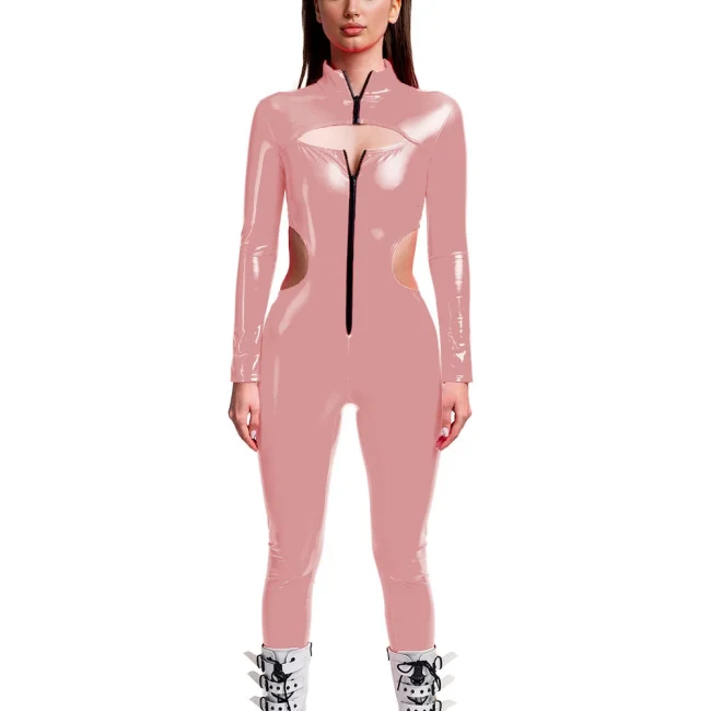 Punk Girls Wetlook Long Sleeve PVC Jumpsuits Women Stretch Patent Leather Bodycon Rompers Party Club Hollow Out Female Catsuit