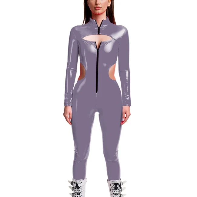 Punk Girls Wetlook Long Sleeve PVC Jumpsuits Women Stretch Patent Leather Bodycon Rompers Party Club Hollow Out Female Catsuit