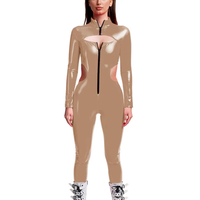 Punk Girls Wetlook Long Sleeve PVC Jumpsuits Women Stretch Patent Leather Bodycon Rompers Party Club Hollow Out Female Catsuit