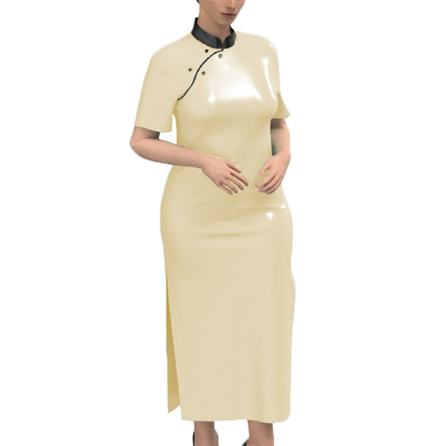 New Chinese Style Regular Fit Maxi Dress Faux Leather PVC Short Sleeve Long Dress Sissy Crossdresser Patent Leather Costume