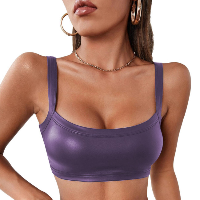 Newest Women Sexy Tank Top Faux PU Leather Strappy Bra Top Ladies Sexy Nightclub Vest Fashion Spaghetti Strap Short Top Lingerie