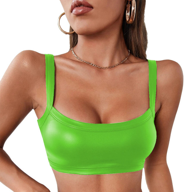Newest Women Sexy Tank Top Faux PU Leather Strappy Bra Top Ladies Sexy Nightclub Vest Fashion Spaghetti Strap Short Top Lingerie