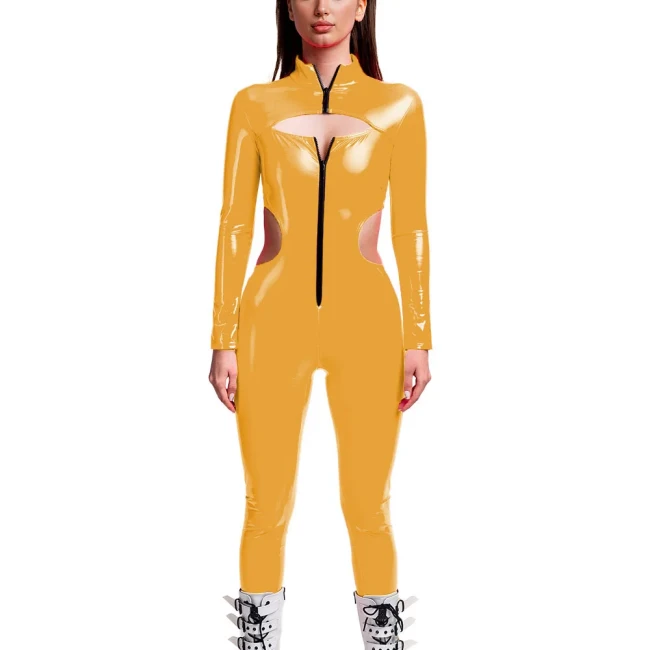 Punk Girls Wetlook Long Sleeve PVC Jumpsuits Women Stretch Patent Leather Bodycon Rompers Party Club Hollow Out Female Catsuit