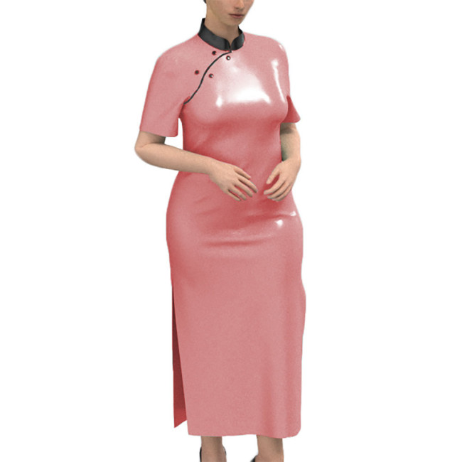 New Chinese Style Regular Fit Maxi Dress Faux Leather PVC Short Sleeve Long Dress Sissy Crossdresser Patent Leather Costume