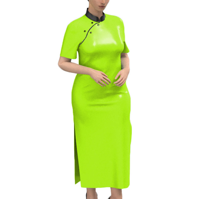 New Chinese Style Regular Fit Maxi Dress Faux Leather PVC Short Sleeve Long Dress Sissy Crossdresser Patent Leather Costume