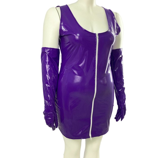 Sexy PVC Leather Mini Dress for Womens Party V-neck Sleeveless Zipper Bodycon Dress Punk Nightclub Skinny Dress with Gloves