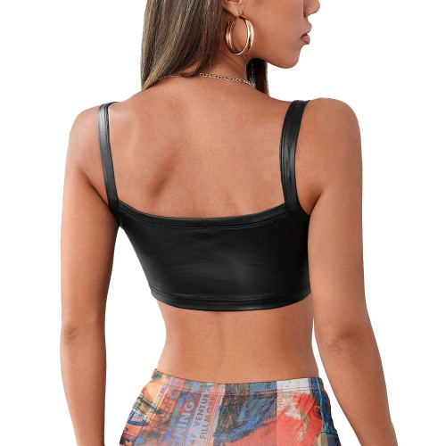 Newest Women Sexy Tank Top Faux PU Leather Strappy Bra Top Ladies Sexy Nightclub Vest Fashion Spaghetti Strap Short Top Lingerie