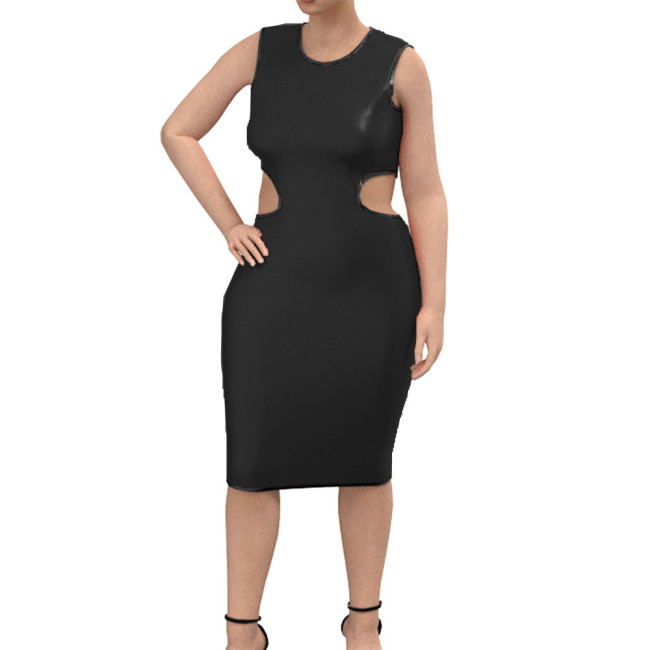 Sexy Hipster O-neck PU Leather Dress Women Fashion Vinyl PVC Streetwear Sleeveless Club Party Dresses Female Bodycon Dress Robe