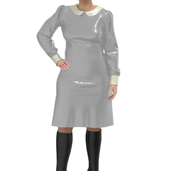 Women's Solid Color Elegant Dress Long Sleeve PVC Pleated Midi Sweet Dress Autumn Casual Set Turn Down Collar Office Lady Dress