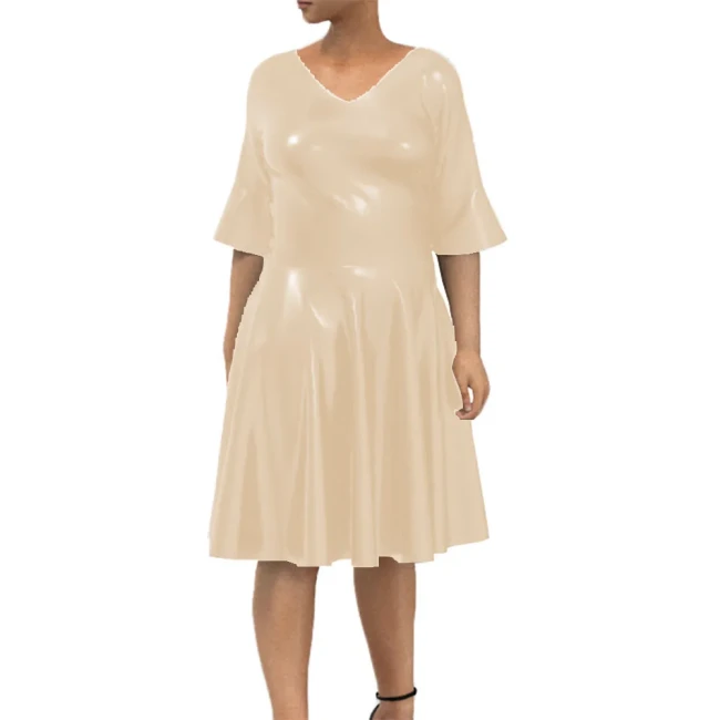 Women Glossy Leather Pleated Dress Middle Sleeve V Neck Shiny Party Dress Casual Summer Fashion Lady Vinyl Knee Length Dress