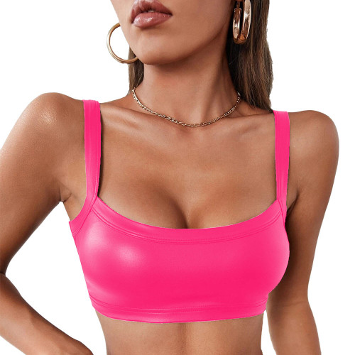 Newest Women Sexy Tank Top Faux PU Leather Strappy Bra Top Ladies Sexy Nightclub Vest Fashion Spaghetti Strap Short Top Lingerie