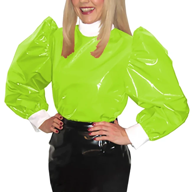 Faux Latex Blouses Tops Wet Look Sissy Shirt with Loose Sleeves Patent Leather Crossdresser Vinyl Blouse Party Cosplay Costumes
