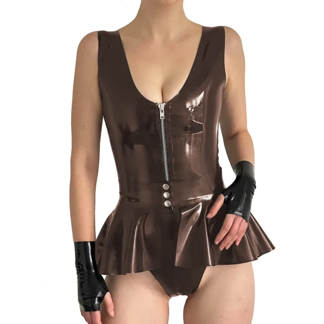 Women Sexy Wet Look Patent Leather Bodysuit Party Sleeveless PVC Rompers with Skirted Belt Sissy V-neck Zipper Playsuit Clubwear