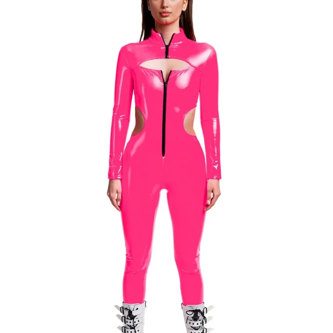 Punk Girls Wetlook Long Sleeve PVC Jumpsuits Women Stretch Patent Leather Bodycon Rompers Party Club Hollow Out Female Catsuit