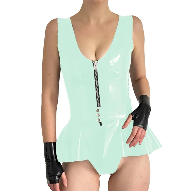 Women Sexy Wet Look Patent Leather Bodysuit Party Sleeveless PVC Rompers with Skirted Belt Sissy V-neck Zipper Playsuit Clubwear