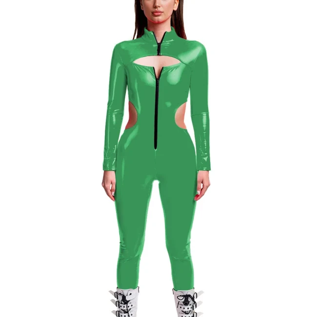 Punk Girls Wetlook Long Sleeve PVC Jumpsuits Women Stretch Patent Leather Bodycon Rompers Party Club Hollow Out Female Catsuit