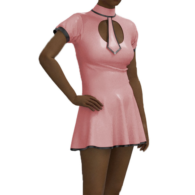 School Student Dress Patent Leather Short Sleeve Preppy Style Uniform Faux Latex Student Role Play Costume with Tie Sissy Dress