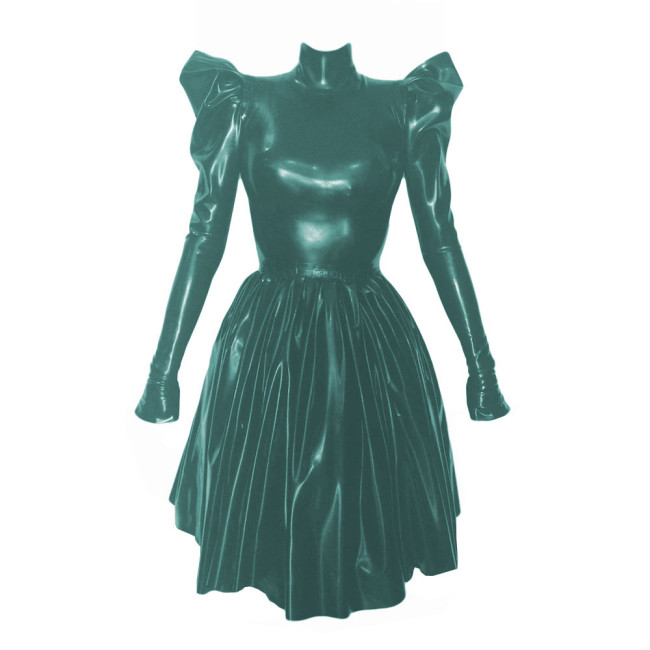 Women Fashion Solid High Collar Pleated Leather Dress Elegant Long Puff Sleeved Patent PVC Leather A-Line Dresses High Street