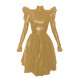 Women Fashion Solid High Collar Pleated Leather Dress Elegant Long Puff Sleeved Patent PVC Leather A-Line Dresses High Street
