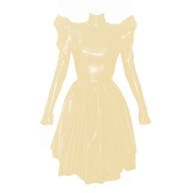 Women Fashion Solid High Collar Pleated Leather Dress Elegant Long Puff Sleeved Patent PVC Leather A-Line Dresses High Street