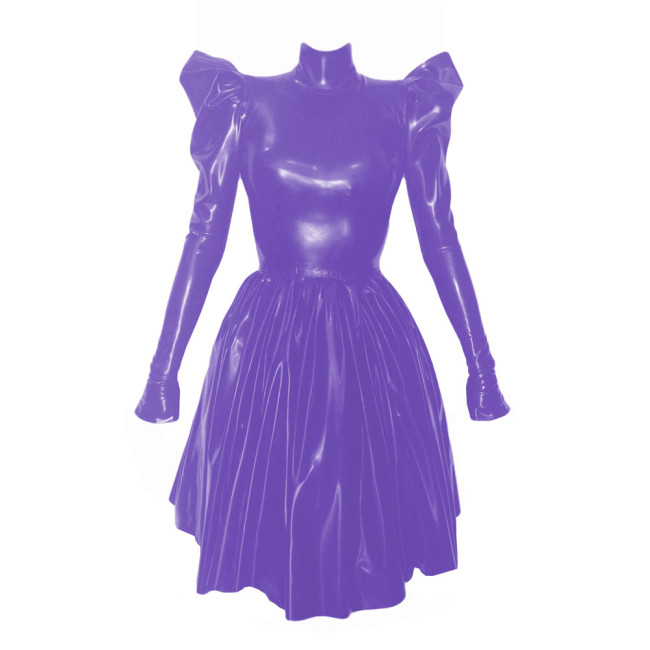 Women Fashion Solid High Collar Pleated Leather Dress Elegant Long Puff Sleeved Patent PVC Leather A-Line Dresses High Street