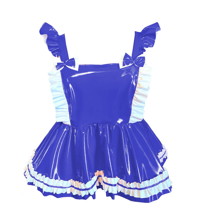 Lolita Mini Ruffles Suspender Strap Dress Sissy PVC Shiny Sleeveless A-line Overall Dress Sweet Button-up Back Bow Short Dress