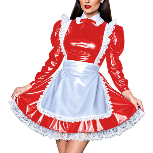 French Elegant Sissy Mini Maid Dresses Long Sleeved Lace Trimming Apron A-line Dress Wetlook Party Vestidos Cosplay Maid Costume