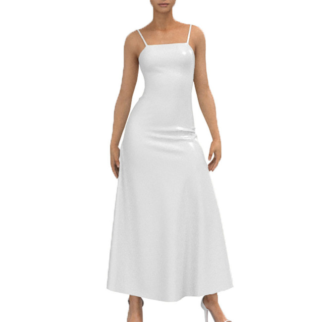 Backless Strappy Camisole Dress Sexy Back Lace-up Vestido Female Bodycon  Apparel Casual Pleated Long Dress Wetlook PVC Leather