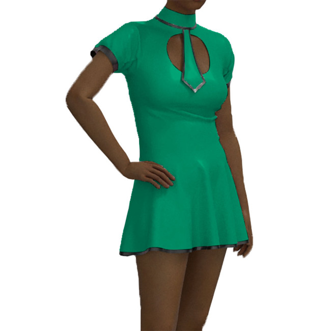 School Student Dress Patent Leather Short Sleeve Preppy Style Uniform Faux Latex Student Role Play Costume with Tie Sissy Dress