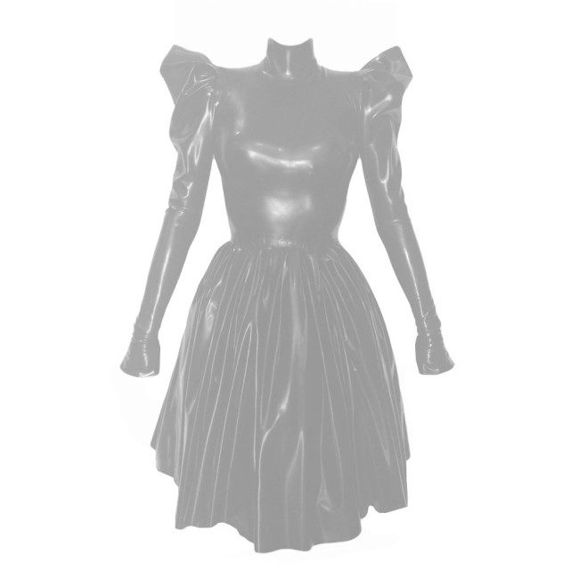 Women Fashion Solid High Collar Pleated Leather Dress Elegant Long Puff Sleeved Patent PVC Leather A-Line Dresses High Street