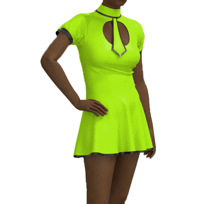 School Student Dress Patent Leather Short Sleeve Preppy Style Uniform Faux Latex Student Role Play Costume with Tie Sissy Dress