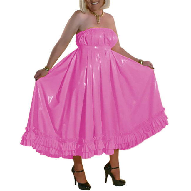Men Sissy Crossdresser Dress Elegant Solid Patent Leather Long Pleated Dress Chic Vinyl PVC Leather Sleeveless Backless Dresses