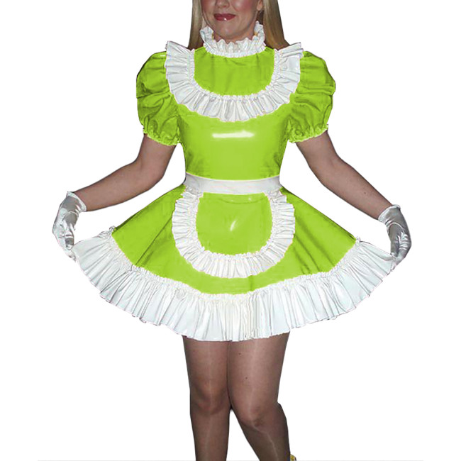 Sissy Wetlook Mini Maid Cosplay Costume Glossy Patent Leather Ruffles Trims Dress with Apron Halloween Party Naughty Uniforms