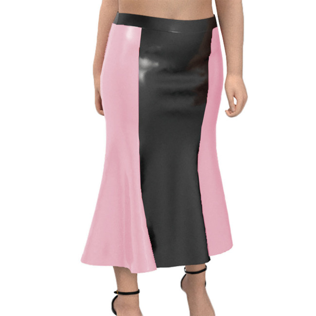 Retro Flare Midi skirts Elegant Patent Leather A-Line Long Skirt Fashion Black Patchwork Sissy Dress Wetlook Crossdresser Skirt