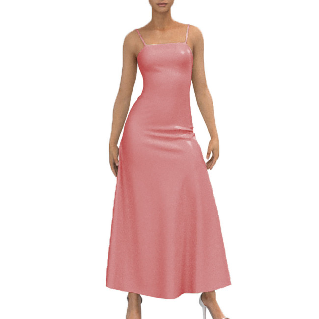 Backless Strappy Camisole Dress Sexy Back Lace-up Vestido Female Bodycon  Apparel Casual Pleated Long Dress Wetlook PVC Leather