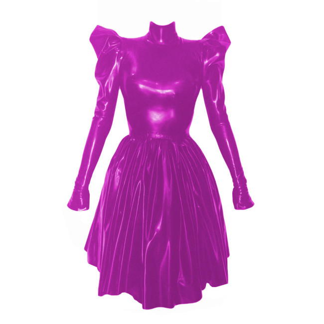 Women Fashion Solid High Collar Pleated Leather Dress Elegant Long Puff Sleeved Patent PVC Leather A-Line Dresses High Street