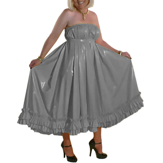 Men Sissy Crossdresser Dress Elegant Solid Patent Leather Long Pleated Dress Chic Vinyl PVC Leather Sleeveless Backless Dresses