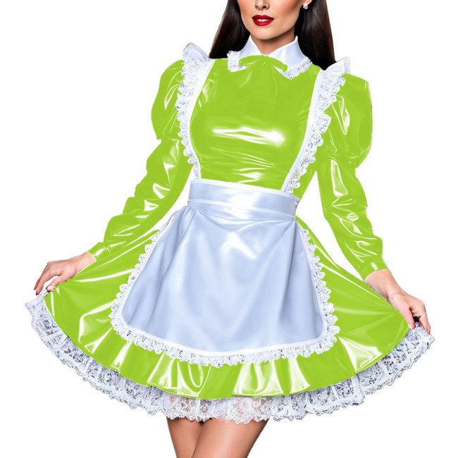 French Elegant Sissy Mini Maid Dresses Long Sleeved Lace Trimming Apron A-line Dress Wetlook Party Vestidos Cosplay Maid Costume