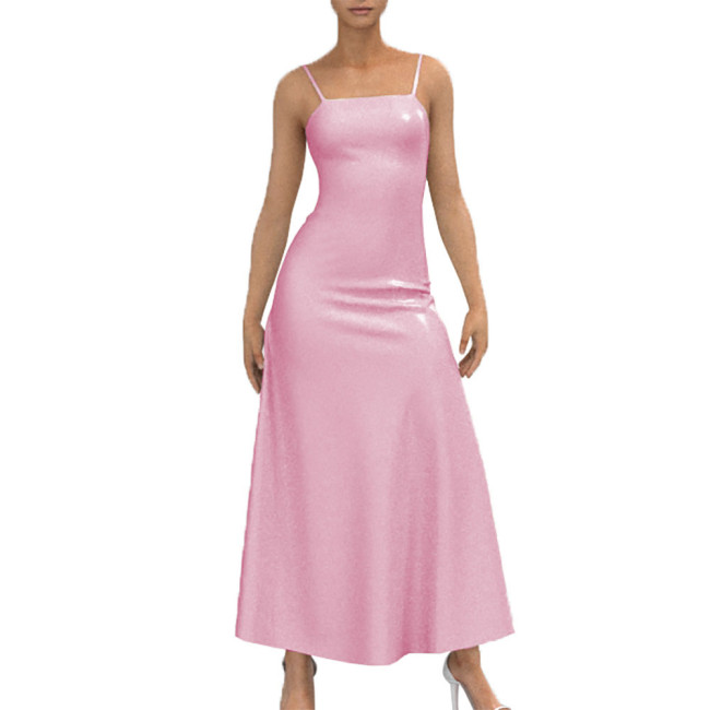 Backless Strappy Camisole Dress Sexy Back Lace-up Vestido Female Bodycon  Apparel Casual Pleated Long Dress Wetlook PVC Leather