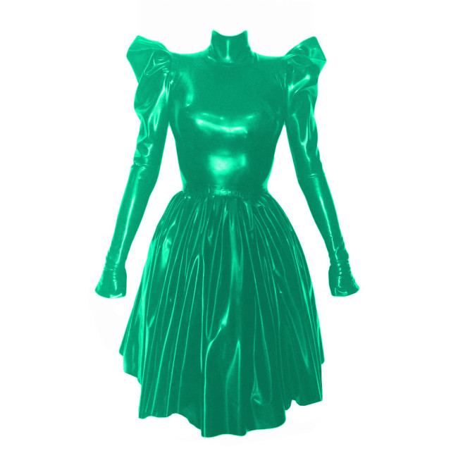 Women Fashion Solid High Collar Pleated Leather Dress Elegant Long Puff Sleeved Patent PVC Leather A-Line Dresses High Street