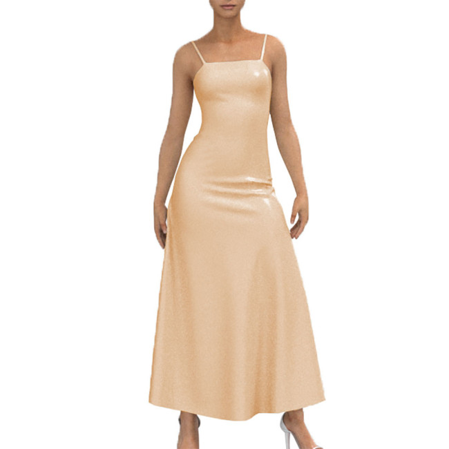 Backless Strappy Camisole Dress Sexy Back Lace-up Vestido Female Bodycon  Apparel Casual Pleated Long Dress Wetlook PVC Leather