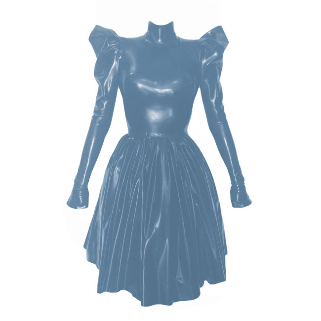 Women Fashion Solid High Collar Pleated Leather Dress Elegant Long Puff Sleeved Patent PVC Leather A-Line Dresses High Street