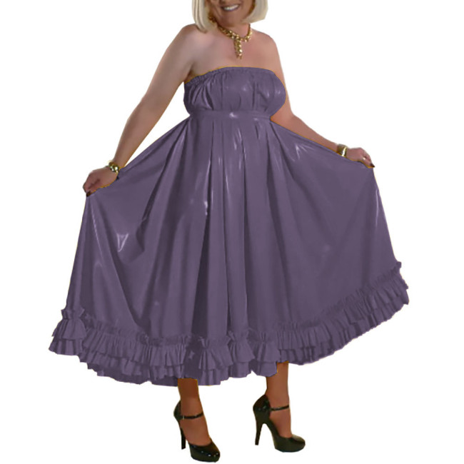 Men Sissy Crossdresser Dress Elegant Solid Patent Leather Long Pleated Dress Chic Vinyl PVC Leather Sleeveless Backless Dresses
