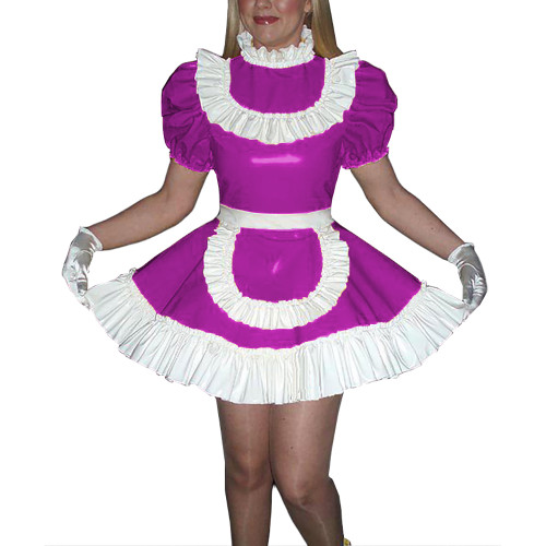 Sissy Wetlook Mini Maid Cosplay Costume Glossy Patent Leather Ruffles Trims Dress with Apron Halloween Party Naughty Uniforms