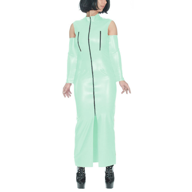 Women Straight Long Dress Front Zipper Slit Uniforms with Cuff Vintage Hobble Ankel-length Clothes Vinyl PVC Leather Street Wear