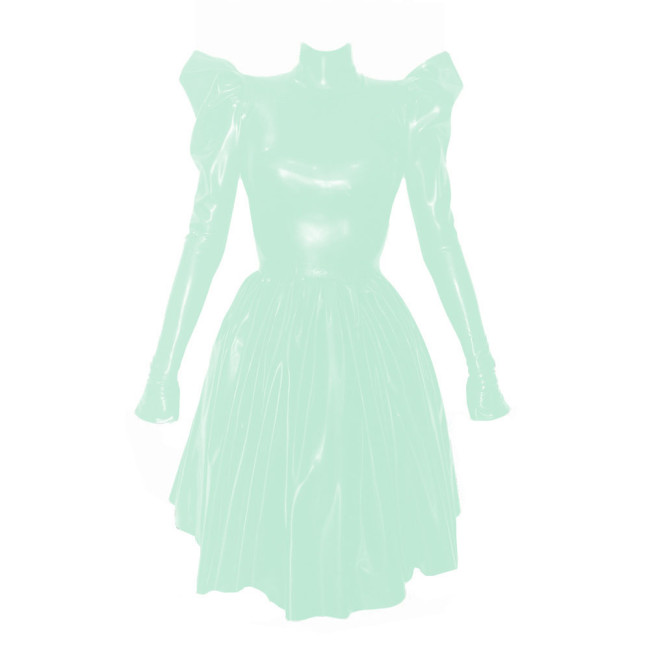 Women Fashion Solid High Collar Pleated Leather Dress Elegant Long Puff Sleeved Patent PVC Leather A-Line Dresses High Street