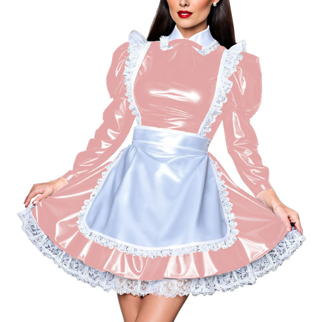 French Elegant Sissy Mini Maid Dresses Long Sleeved Lace Trimming Apron A-line Dress Wetlook Party Vestidos Cosplay Maid Costume