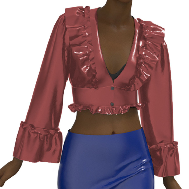 Fashion Elegant Long Butterfly Sleeve Leather Blouse Vinyl Patent Leather Deep V Neck Ruffled Shirt Button Women's Shirt Top
