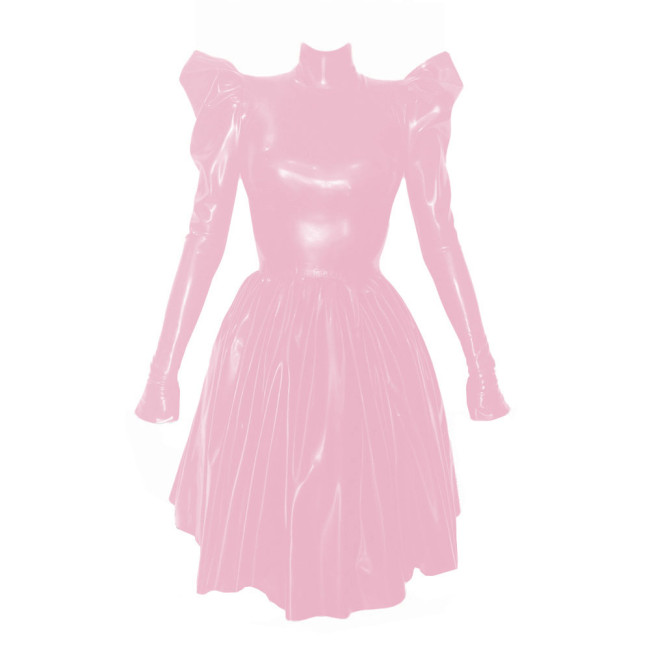 Women Fashion Solid High Collar Pleated Leather Dress Elegant Long Puff Sleeved Patent PVC Leather A-Line Dresses High Street